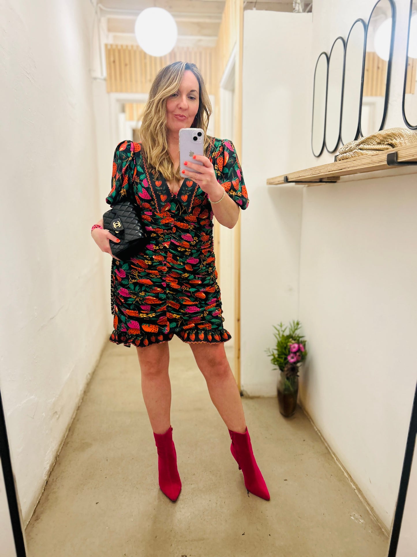 Buy Farm Rio Ruched Printed Twill Mini Dress with Strawberry Print