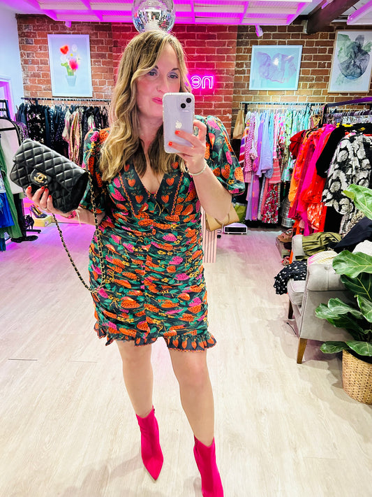 Buy Farm Rio Ruched Printed Twill Mini Dress with Strawberry Print