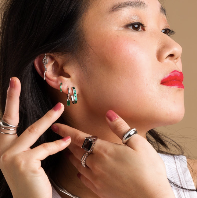 Scream Pretty Green Baguette Charm Hoop Earrings - 18k Gold Plated Sterling Silver