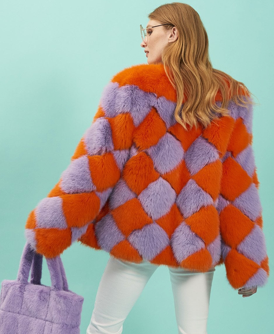 NEW Jayley Orange and Purple Delilah Diamond Faux Fur Jacket