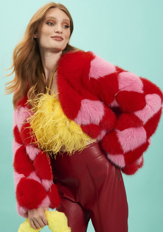 NEW Jayley Pink and Red Delilah Diamond Faux Fur Jacket