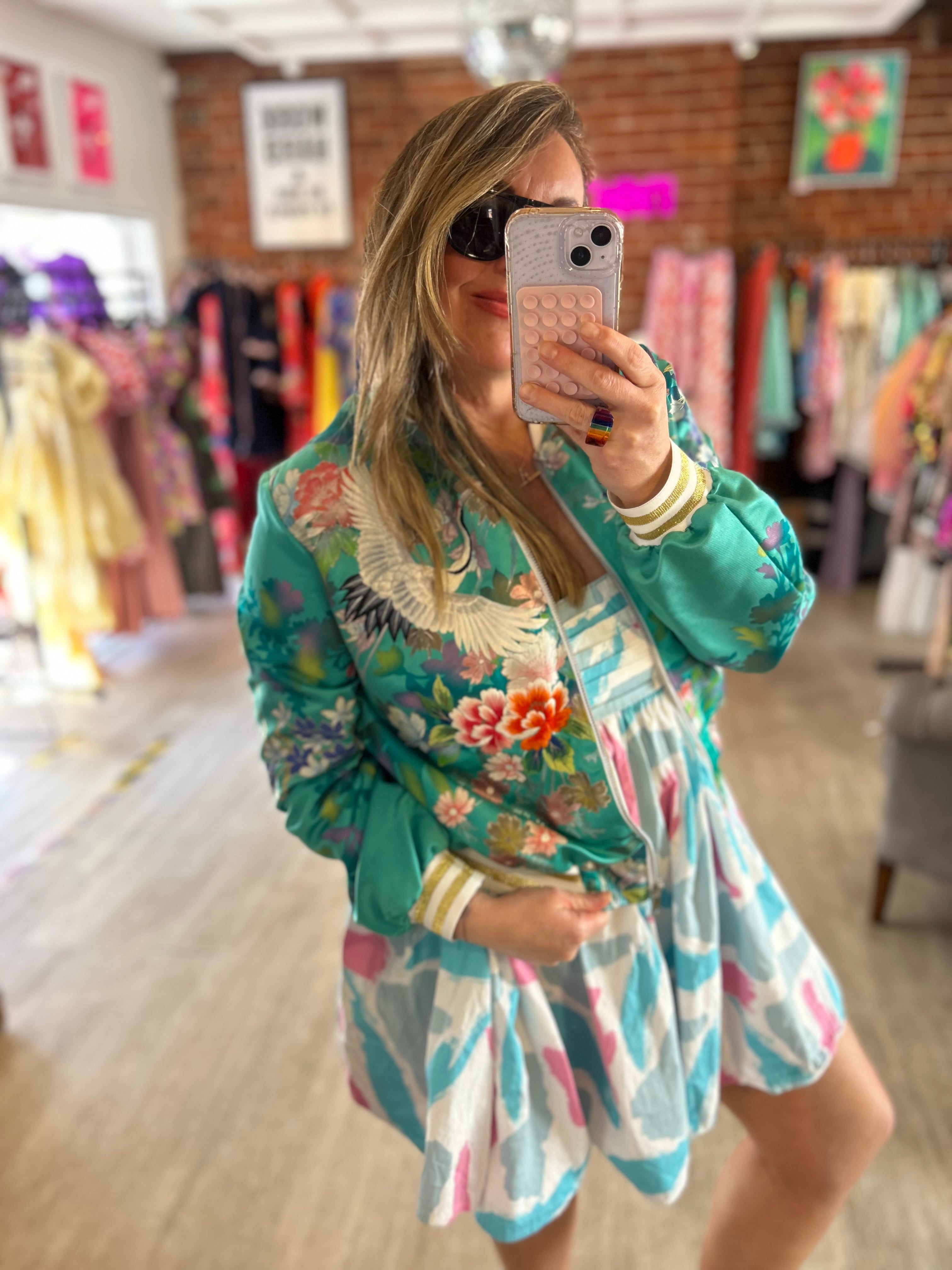 Woo Woo Boutique Japanese silk Green/Turquoise bomber jacket