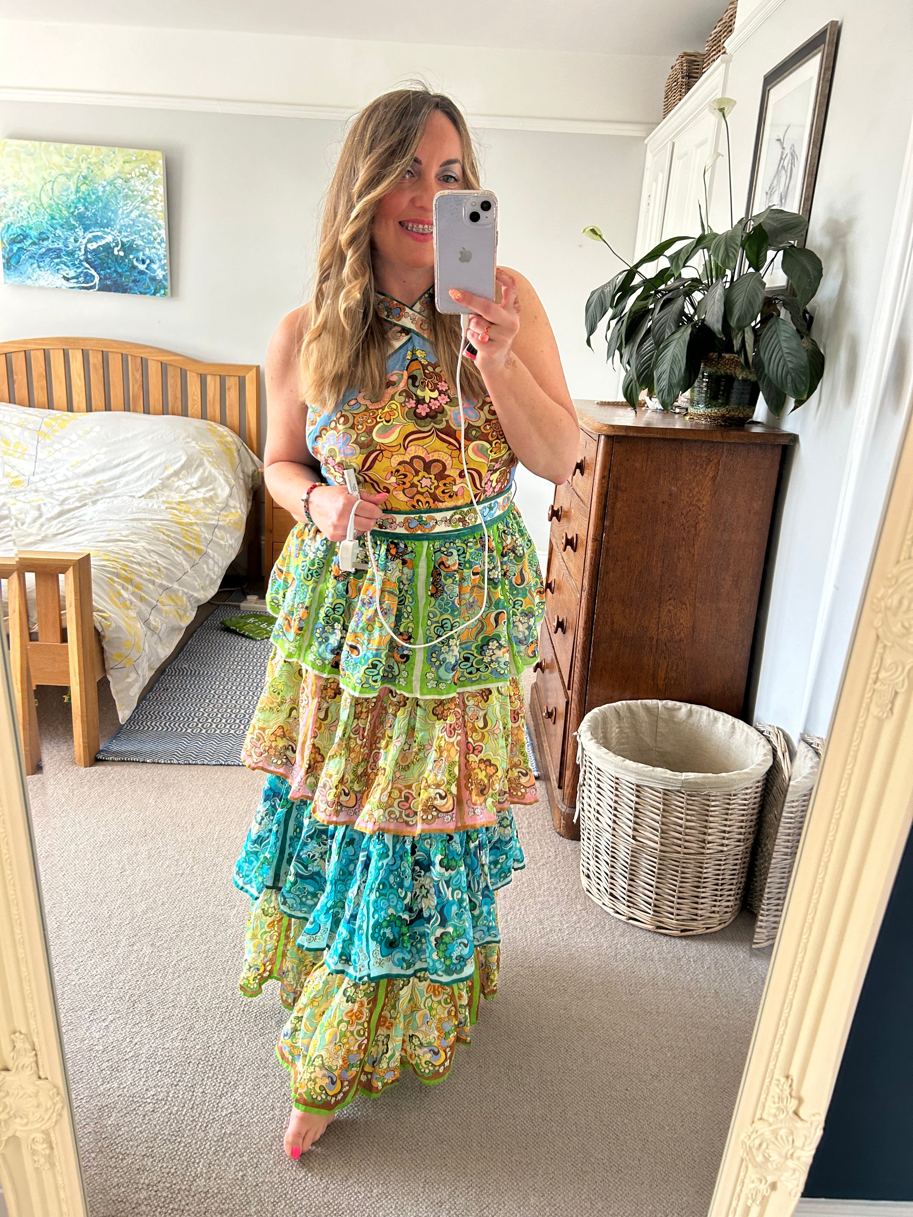 Alemais Dreamer belted tiered printed linen and ramie maxi dress