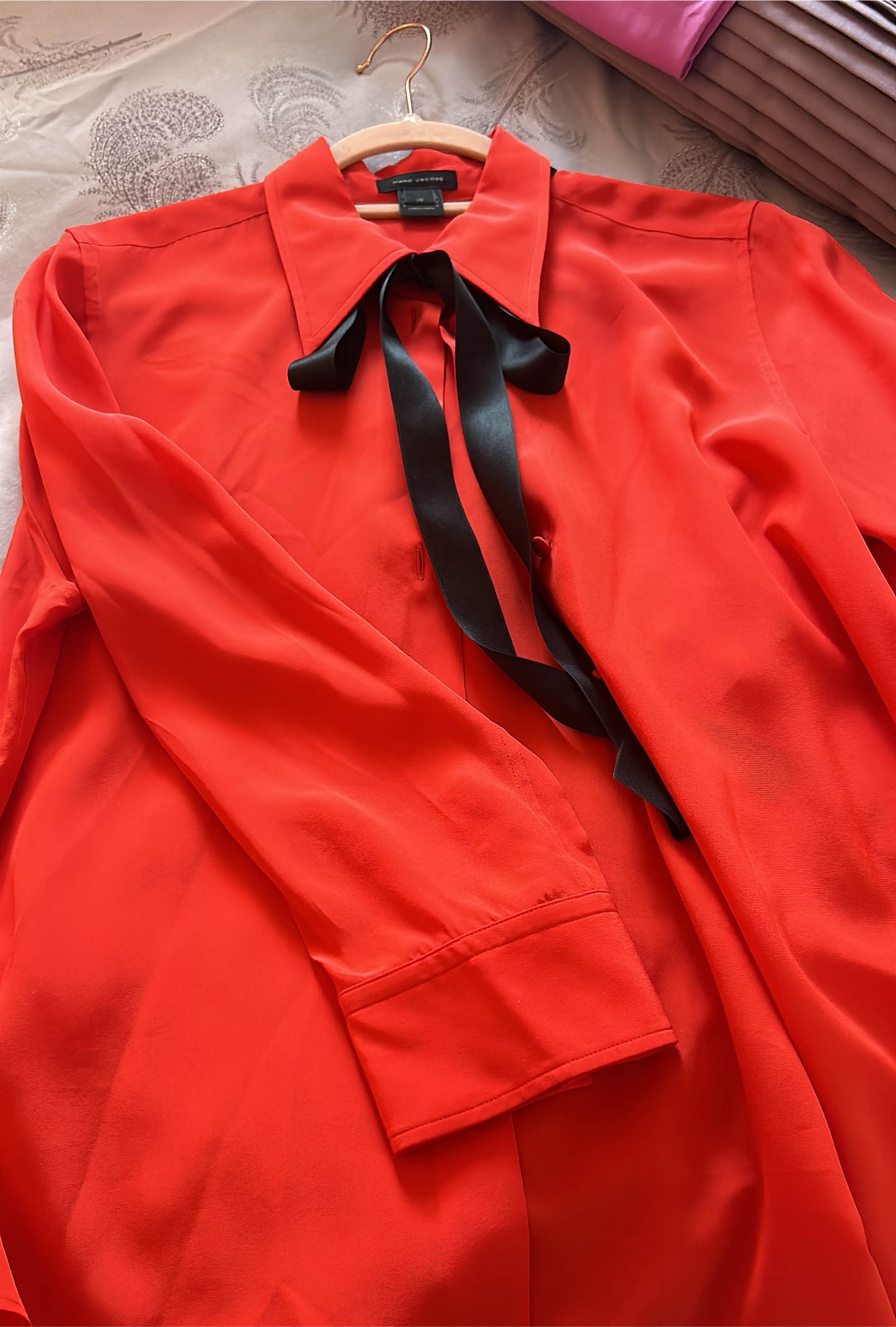 Buy Marc Jacob’s Red Blouse With Black Bow Tie Detail size medium