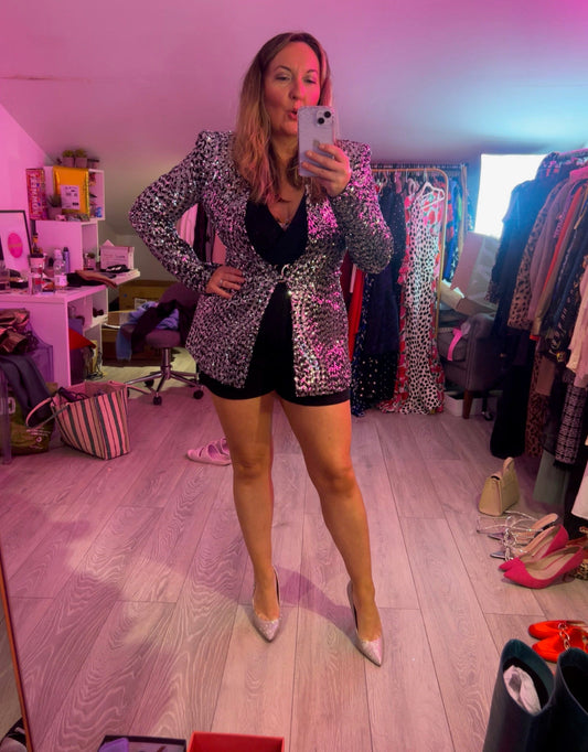 Buy Zara Silver Sequin Suit Jacket and sequin shorts