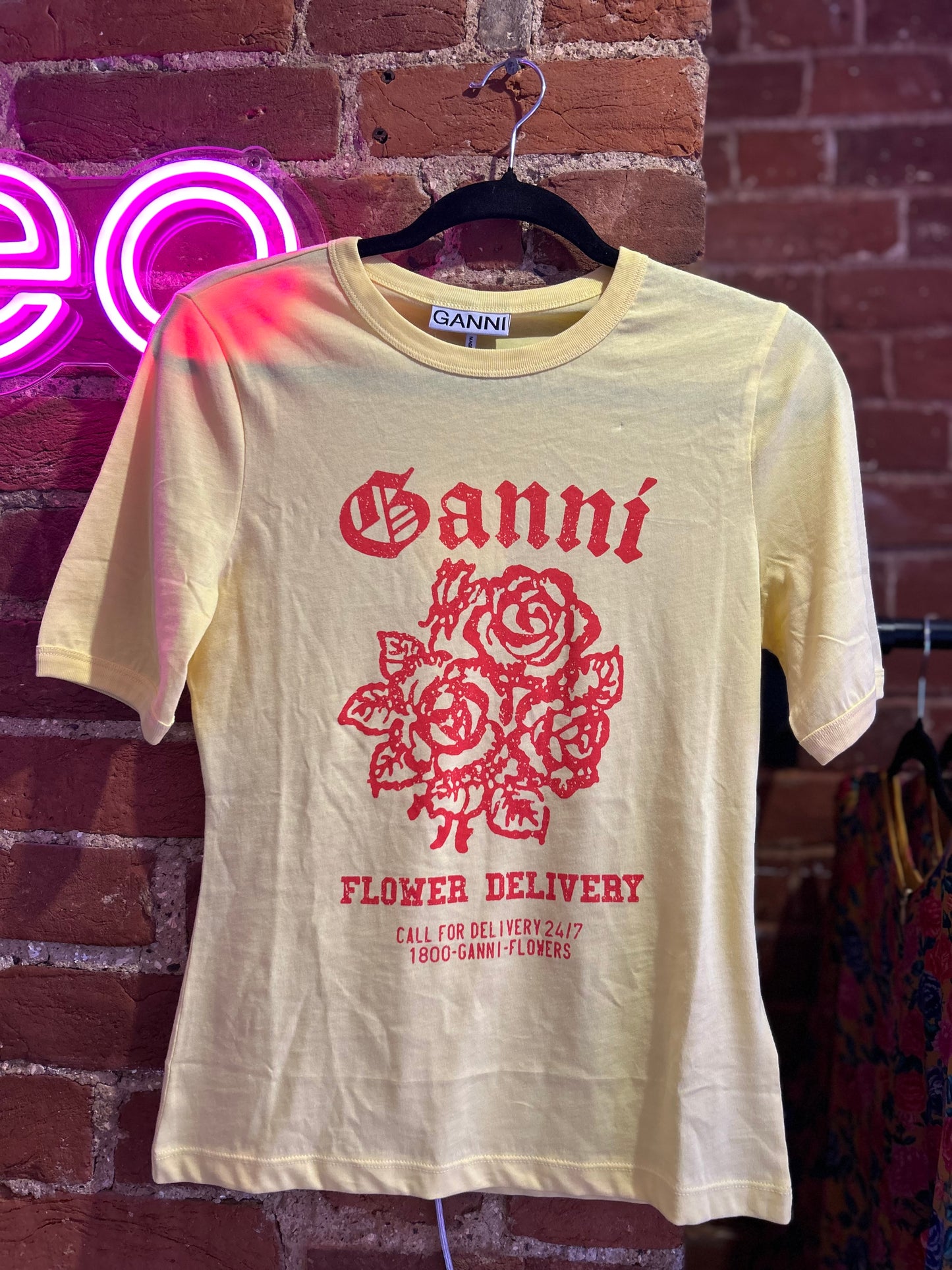 Ganni Flower Cotton Fitted T-shirt - Yellow and Red. Fit range 8-12