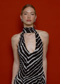 Vestido largo maxi con espalda descubierta y cola de volantes con estampado de cebra Esthè