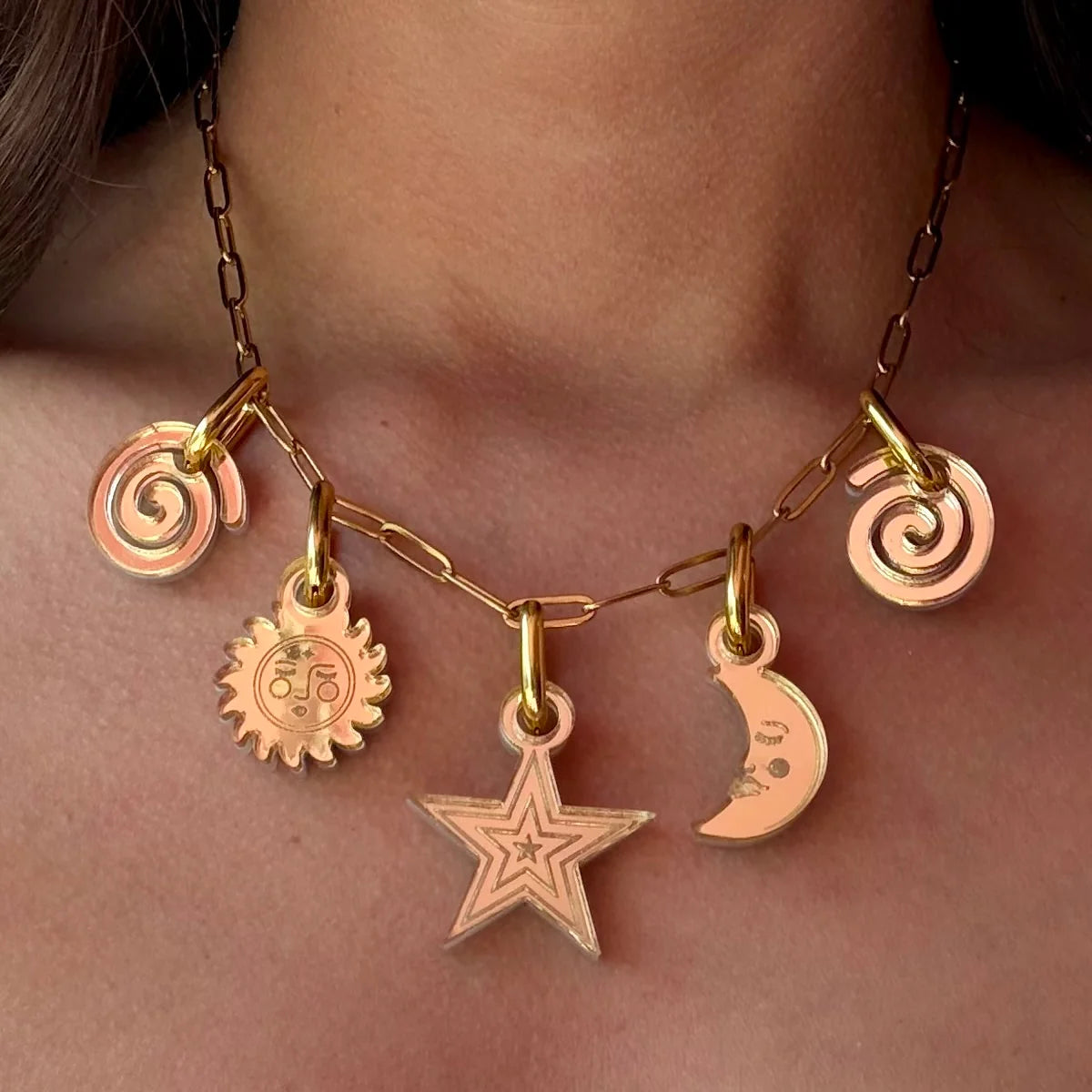 Weezy Pop Gold Celestial 5 Charm Chain Necklace