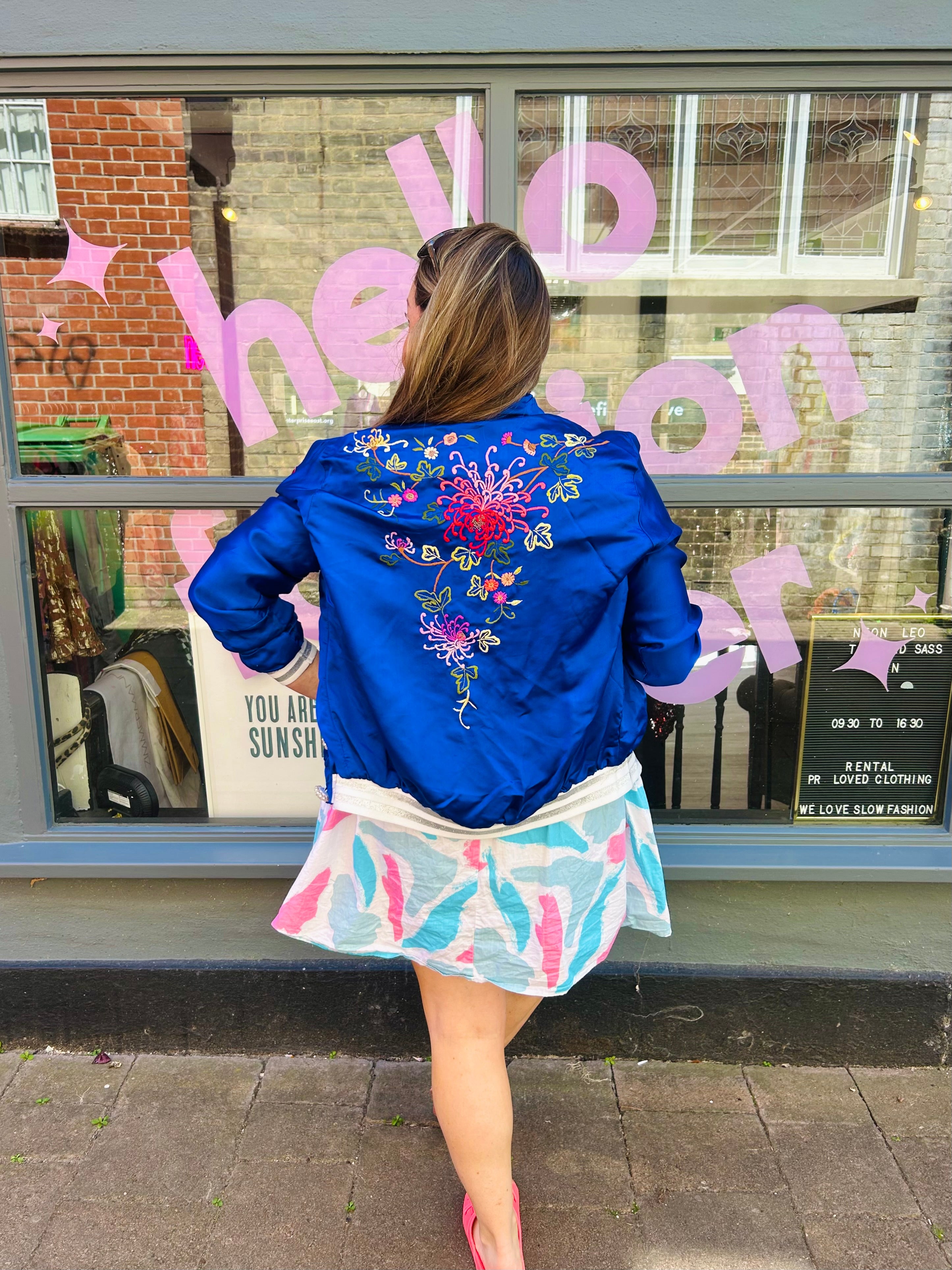 Woo Woo Boutique Vintage Japanese Silk Bomber Jacket Blue