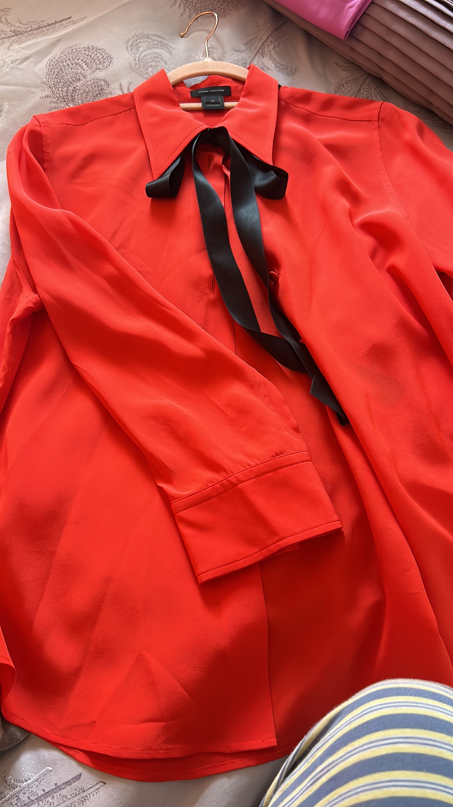 Buy Marc Jacob’s Red Blouse With Black Bow Tie Detail size medium