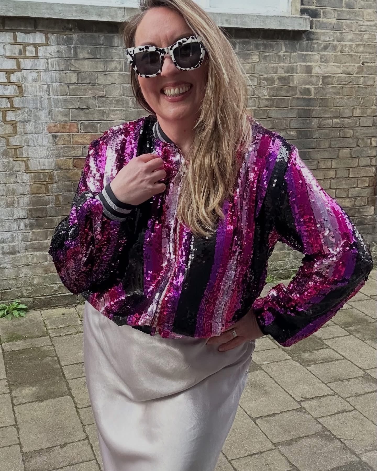 Blouson Aviateur à Paillettes Rayures Roses et Violettes Woo Woo Boutique