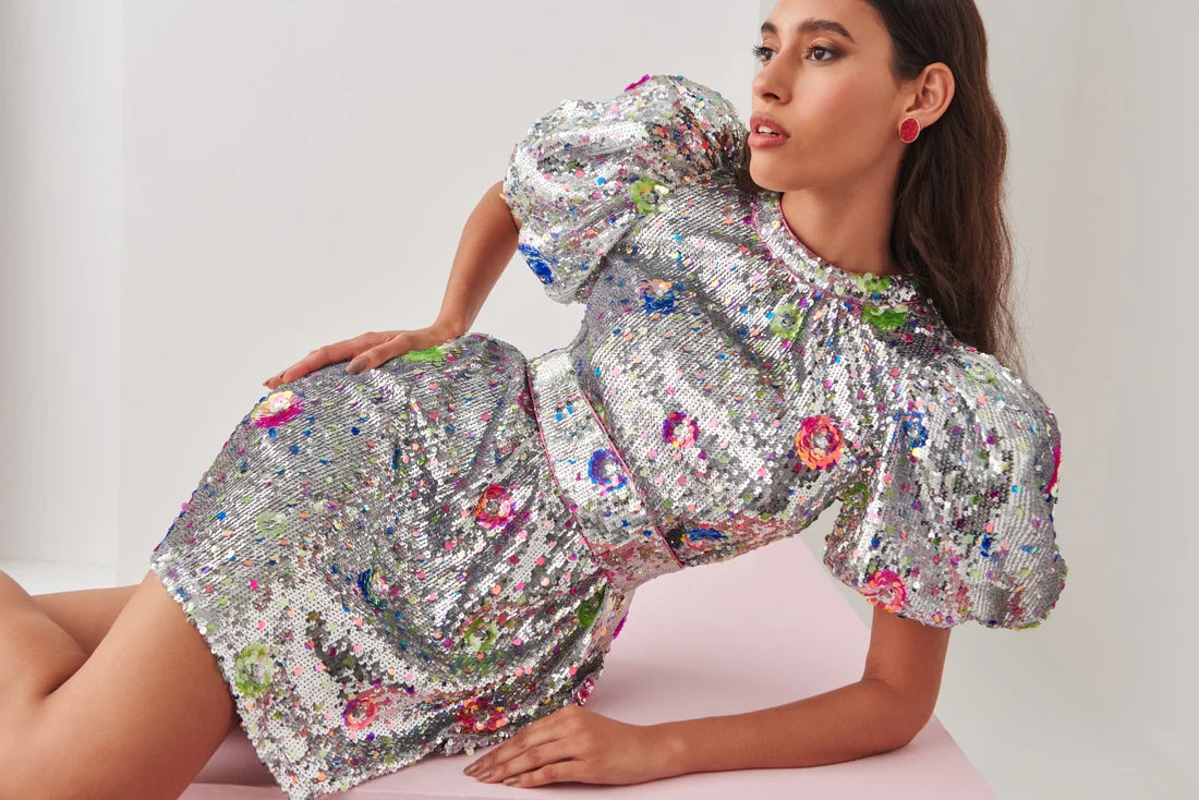Celia B Wonderer Silver Sequin Dress Size Medium