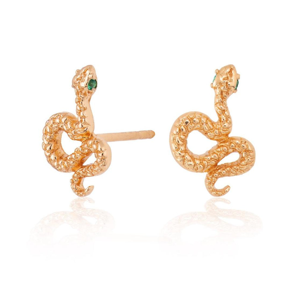 Scream Pretty Snake Stud Earrings with Green Eyes in gold
