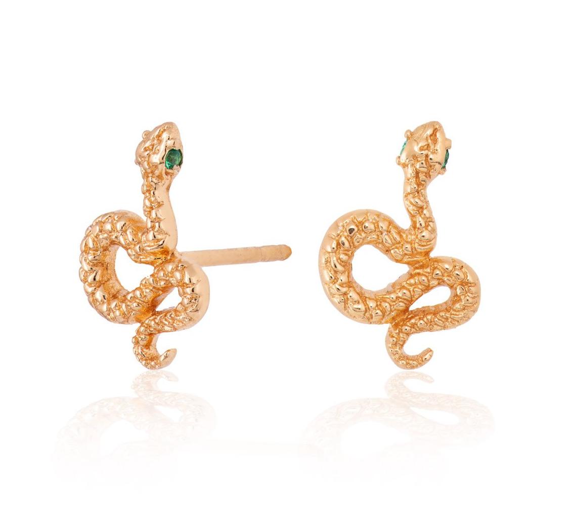 Scream Pretty Snake Stud Earrings with Green Eyes in gold
