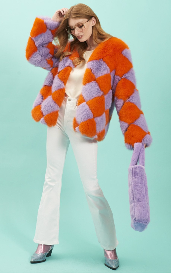 NEW Jayley Orange and Purple Delilah Diamond Faux Fur Jacket