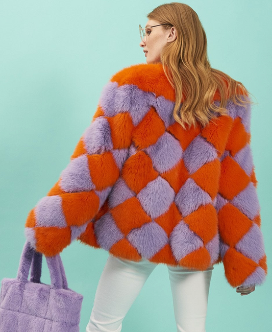 NEW Jayley Orange and Purple Delilah Diamond Faux Fur Jacket