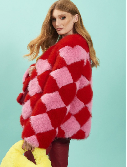 NEW Jayley Pink and Red Delilah Diamond Faux Fur Jacket