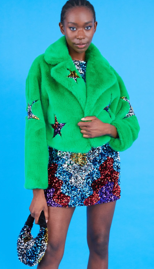 NEW Jayley Green Bamboo Faux Fur Sequins Star Jacket