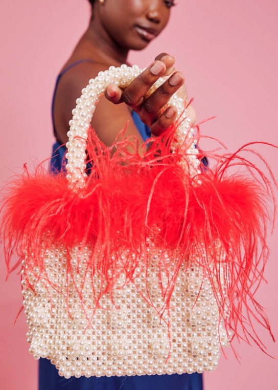NEW Jayley Handmade Pearl Tote Bag with Feather Trim
