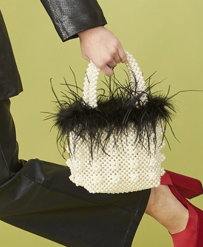 NEW Jayley Handmade Pearl Tote Bag with Feather Trim
