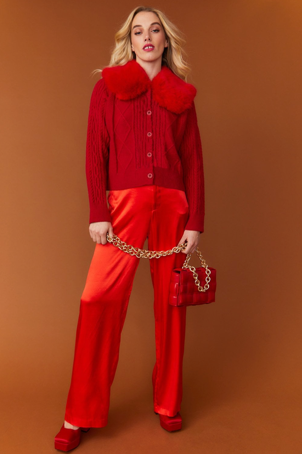 NEW Jayley Red Cashmere and Banana Peel Cardigan with Red Faux Fur Collar