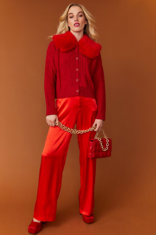 NEW Jayley Red Cashmere and Banana Peel Cardigan with Red Faux Fur Collar
