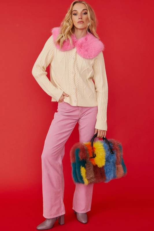 NEW Jayley Cream Cashmere and Banana Peel Cardigan with Bold Pink Faux Fur Collar