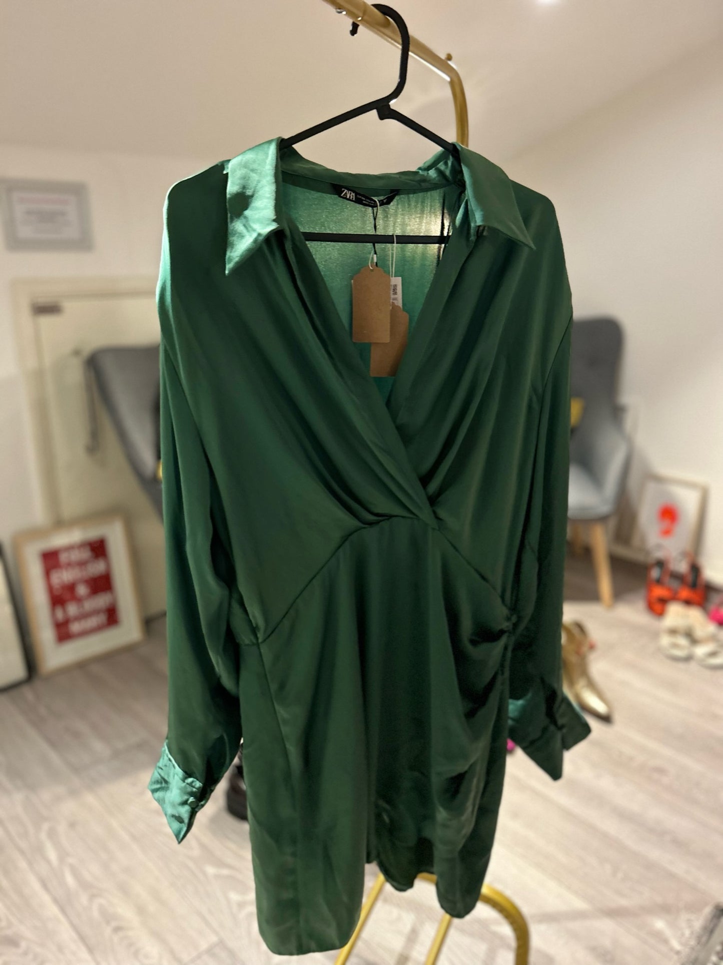 Zara Green Satin Wrap Dress Preloved Size 14/16